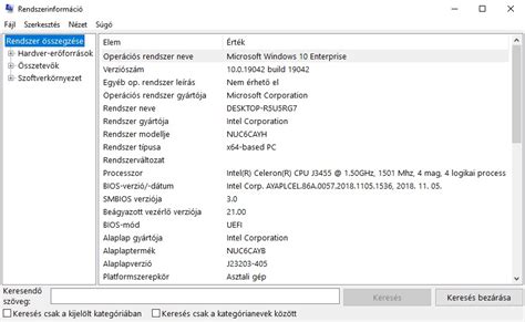Képernyőkép a Rendszerinformációk ablakról, kiemelve a BIOS verzióját