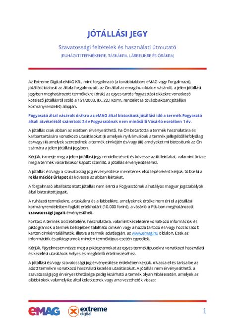 Példa jótállási jegyre vagy szavatossági dokumentumra