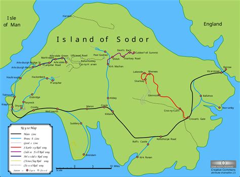 Sodor szigetének térképe mozdonyokkal