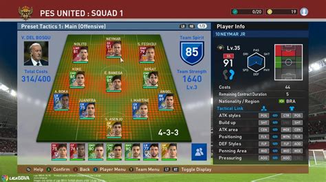PES 2016 myClub csapat szelleme és taktikai kapcsolat grafikon