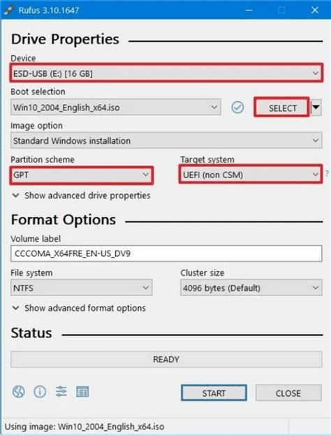 Rufus beállítások GPT és UEFI (non-CSM) kiválasztása