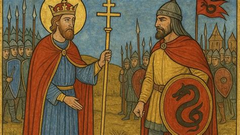Honfoglaláskori fejedelmi zászló rekonstrukciója turullal és Szent István zászlaja