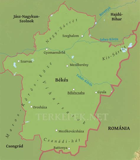 A Békés Vármegye térképe, kiemelve Mezőkovácsházát és Mezőhegyest