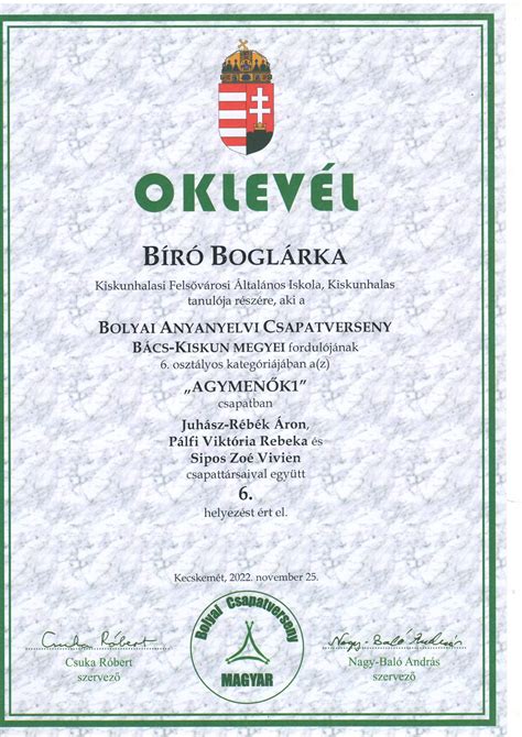 Bolyai Anyanyelvi Csapatverseny oklevél és érem