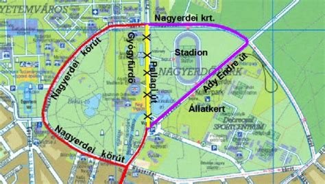 Tömegközlekedési térkép Debrecenben, a Nagyerdő és a belváros kiemelve