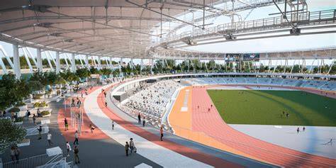 Atlétikai stadion, futópályával és nézőkkel