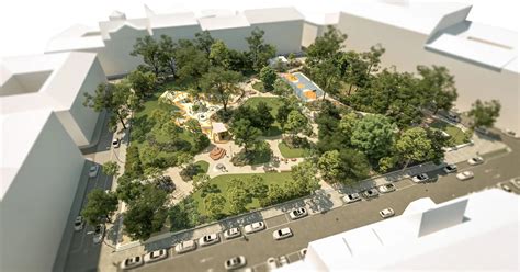 A felújított Klauzál tér látványterve zöldfelületekkel és játszótérrel