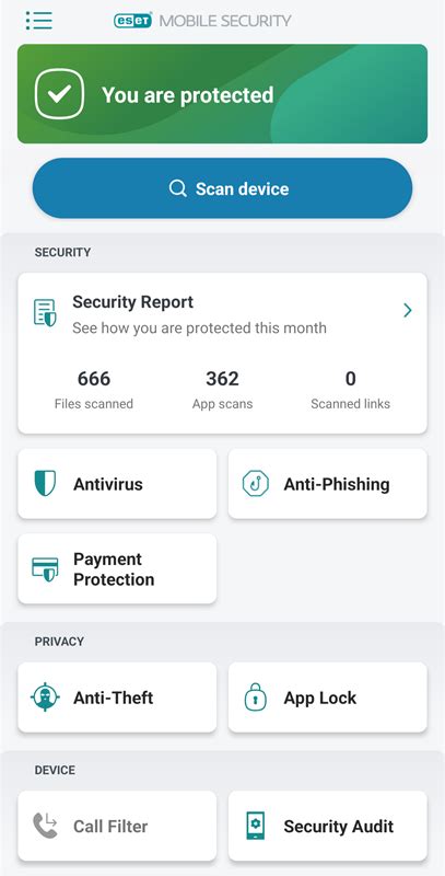 ESET Mobile Security fő funkciói ikonokkal