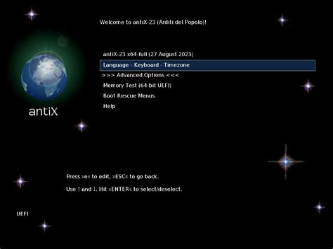Linux Live rendszer indítási menü és nyelvválasztás