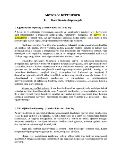 Diagramm a motoros képességek fejlődésének szenzitív időszakairól