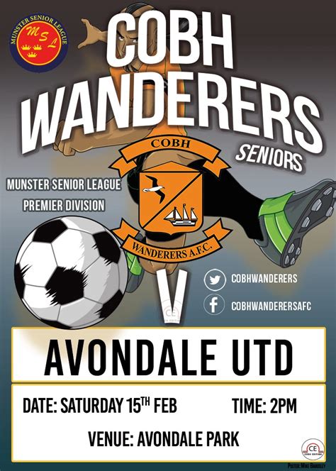 Cobh Wanderers AFC és Avondale United logók, mérkőzésplakát