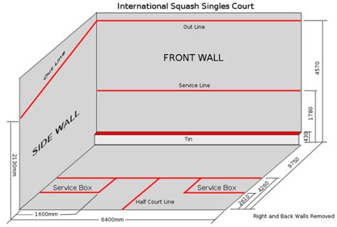 Squash pálya felülnézeti ábrája a méretekkel