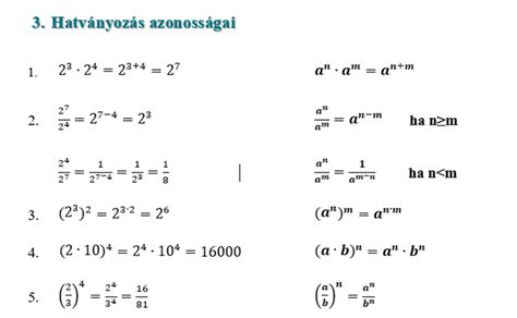 A hatványozás legfontosabb azonosságai összefoglaló táblázat