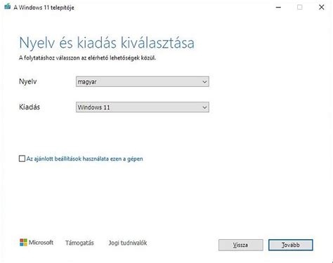 A Windows telepítő első képernyője a nyelv és formátum kiválasztásával