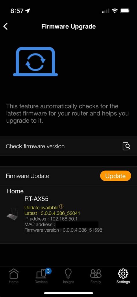 Router firmware frissítés felülete