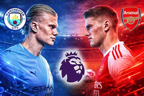 Arsenal és Manchester City logók, bajnoki trófeával a háttérben