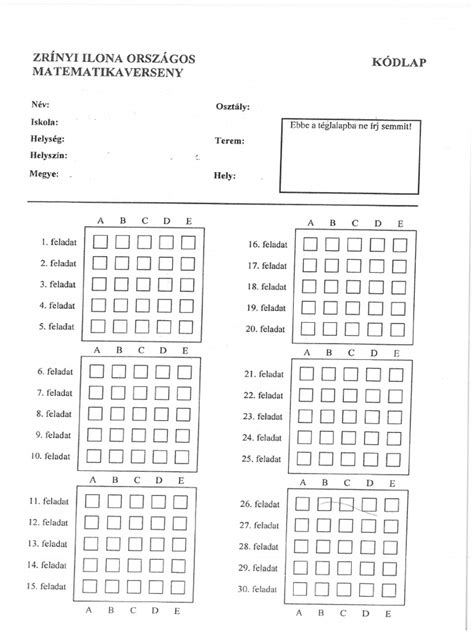 Zrínyi Ilona Matematikaverseny kódlap és pontszámítási példa