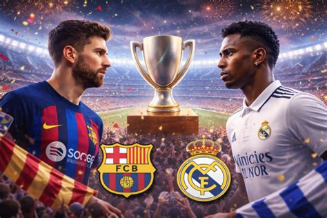 A Real Madrid és az FC Barcelona címerei, a Spanyol Szuperkupa trófea előtt