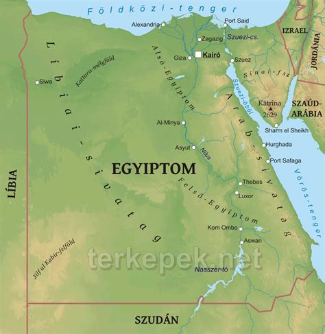 Térkép Egyiptomról, kiemelve a nagyobb városokat, ahol futballklubok találhatók