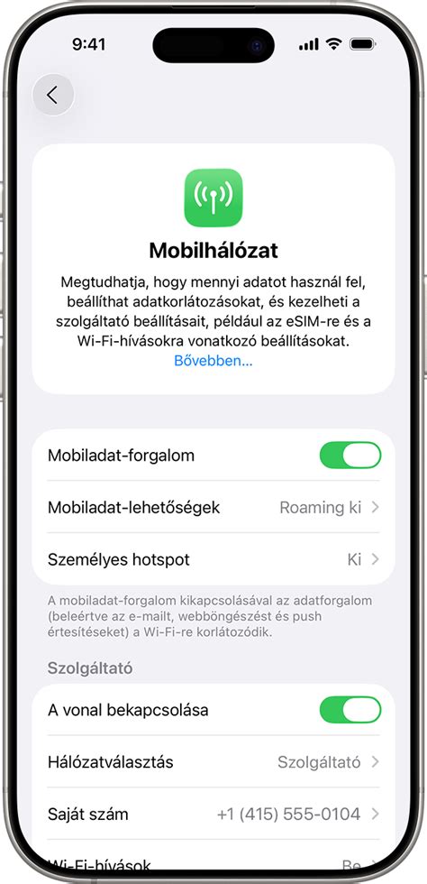 Mobilhálózati beállítások menüje