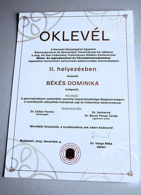 Oklevél a Nemzetközi Sporttudományos Diákköri konferenciáról