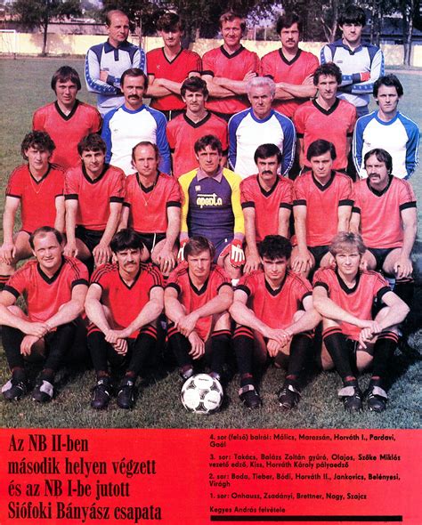 A Siófoki Bányász labdarúgócsapatának edzése 1982-ben, balról Málics, Tieber, Olajos, Horváth I., Szajcz, Szőke Miklós edző, Bódi, Horváth Károly pályaedző, valamint Virág Ernő.