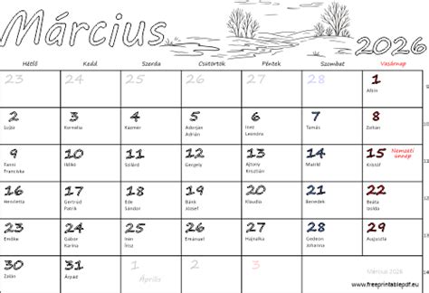 Naptár, amely kiemeli március 15-ét és a hétvégéket