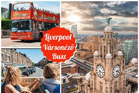 Liverpool városképe emeletes városnéző busszal