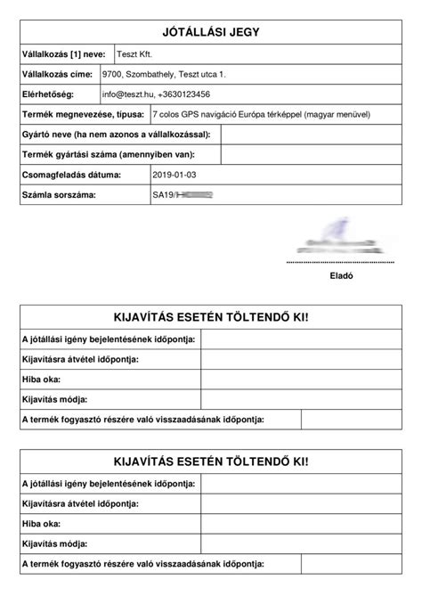 jótállási jegy dokumentum minta és szabályozás
