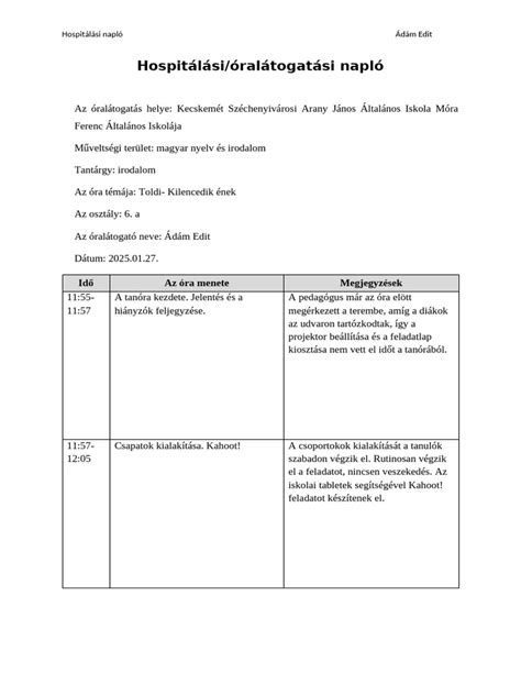 Példa kitöltött nevezési lapra
