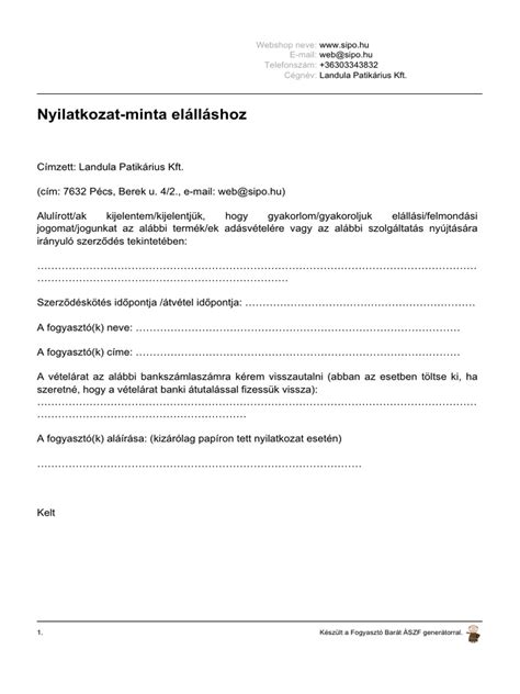 Példa elállási nyilatkozat mintára