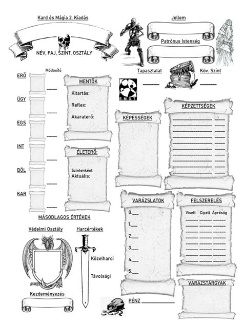 D&D kockakészlet és karakterlap