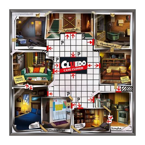 Cluedo játéktábla szobákkal és fegyverekkel
