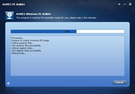 Aomei PE Builder felülete bootolható adathordozó készítéséhez