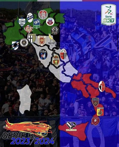 Olaszország futballpályáinak és régióinak térképe, a Serie B csapatok elhelyezkedésével