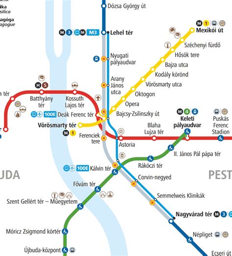 Közlekedési térkép a Puskás Arénához, kiemelve a metró- és villamosvonalakat