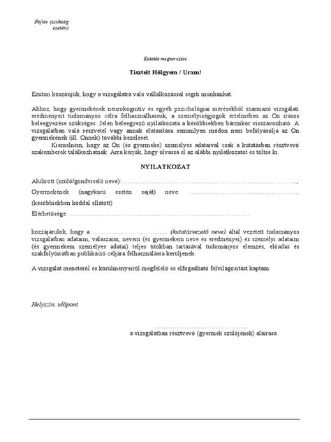 Példa egy kitöltött szülői nyilatkozatra az MLSZ részére