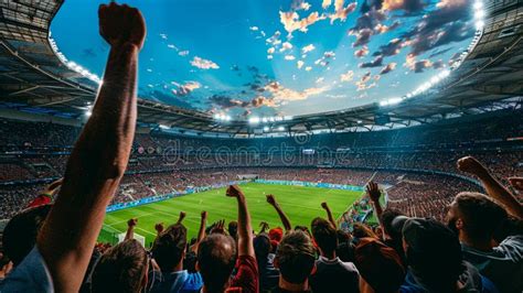 Football fans celebrating in a stadium