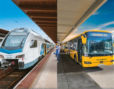 Tömegközlekedési eszközök, például vonat és busz egy forgalmas megállóban.