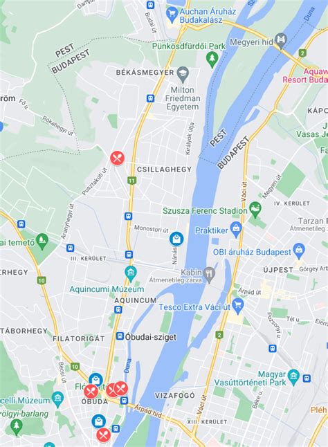 Térkép: A Kaszások edzéshelyszínei Óbudán és Budapesten