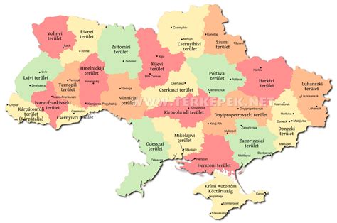 Ukrajna térképe a Krím-félszigettel és a Donbasz régiókkal