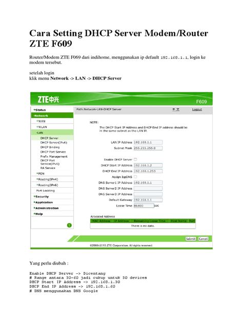 DHCP beállítások ZTE router