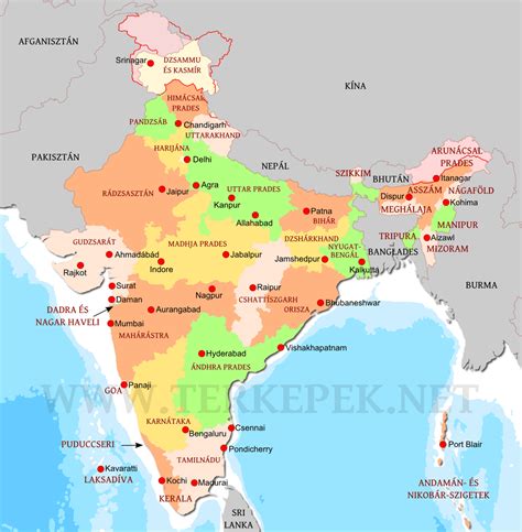 Térkép India fontosabb városaival, melyeket Bangha Imre meglátogatott