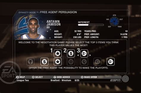 NBA Live 08 Dynasty Mode csapatmenedzsment felület