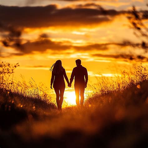 Pár sétál kéz a kézben naplementében