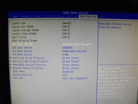 BIOS Boot Options menü