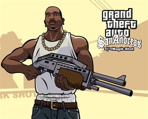 CJ fegyverekkel a San Andreas utcáin
