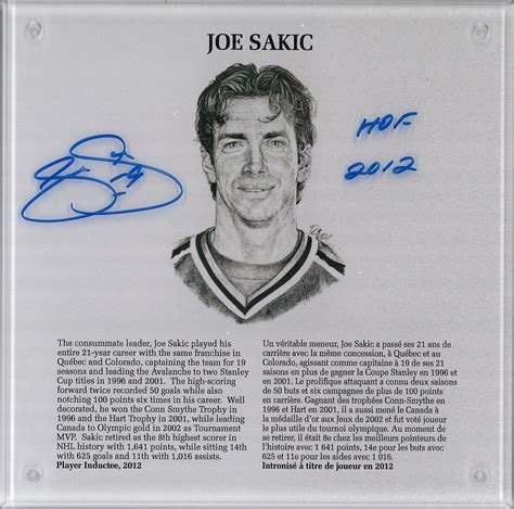 Joe Sakic a Hockey Hall of Fame logójával